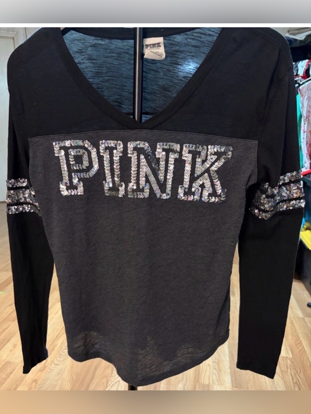 Victoria's Secret PINK Black and Charcoal Sequin Logo Long Sleeve Top